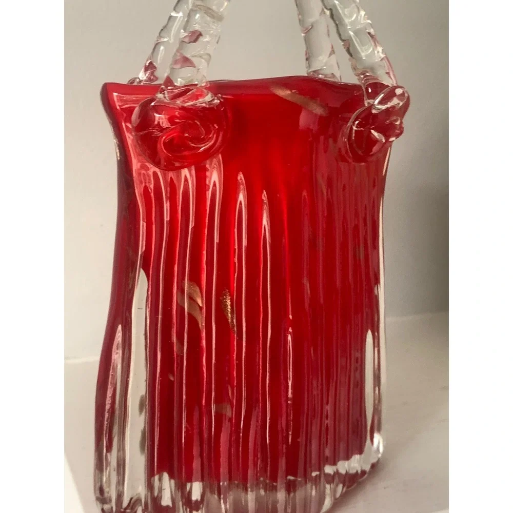 Hand Blown Red Glass Purse Vase Gold‎ Aventurine Flecks Ribbed Art Glass Handbag